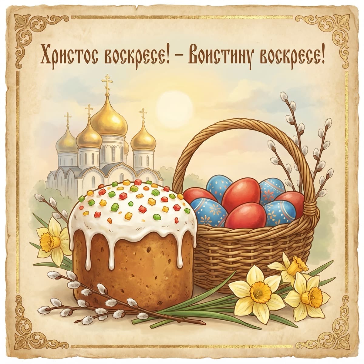 Пасхальный кулич и крашеные яйца — открытка, сгенерированная нейросетью