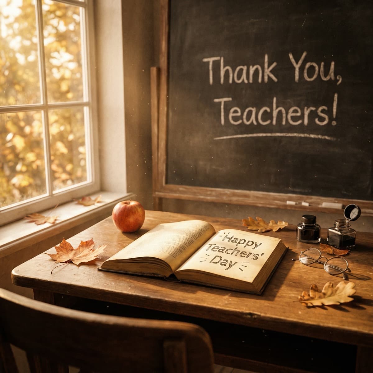 Учительский стол с книгами и осенним букетом — AI-генерация