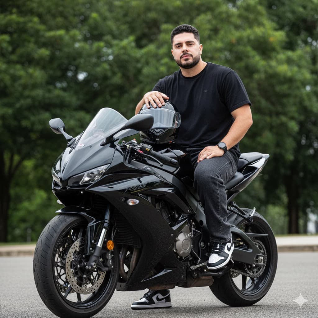 Фото с мотоциклом — промпт для генерации фото нейросетью Nano Banana