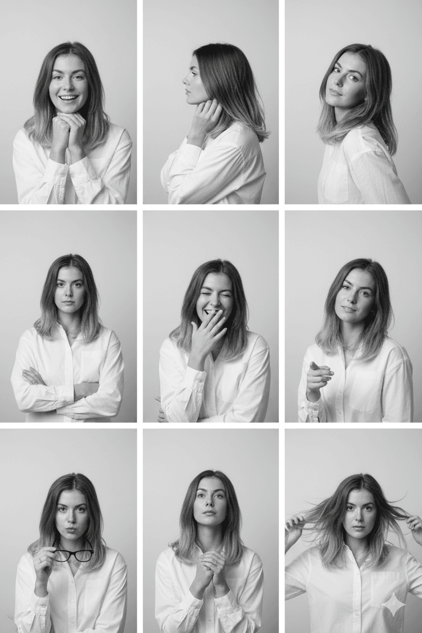 Сетка 3×3 с разными позами — промпт для генерации фото нейросетью Nano Banana